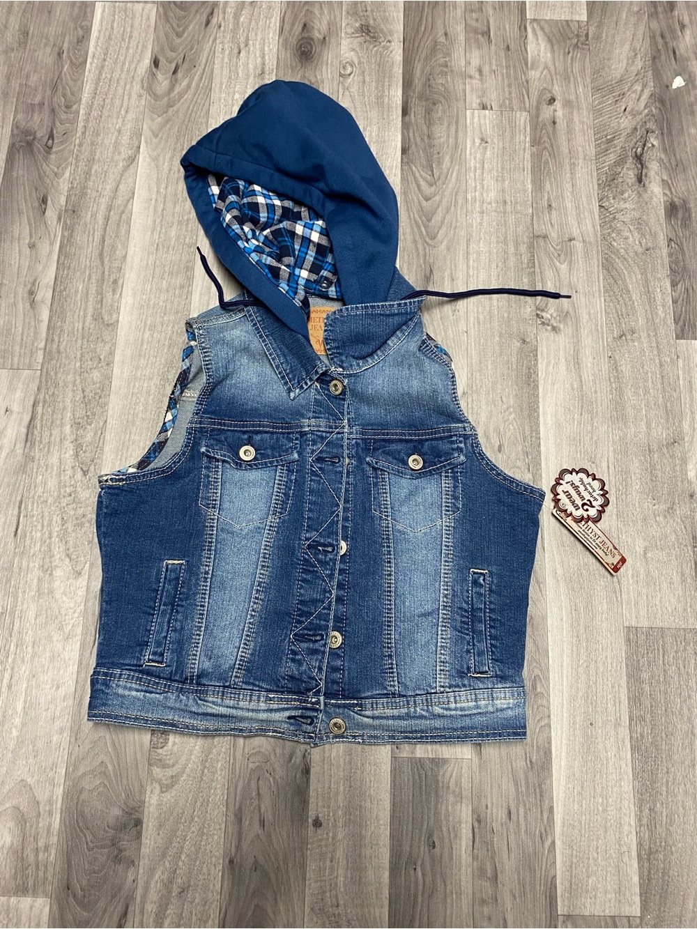 Amethyst Jeans Blue Denim Vest with Navy Hood